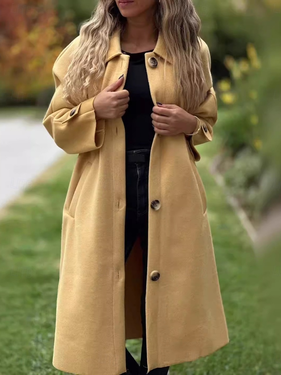 Dam Trenchcoat Bekväm Andningsfunktion Ficka Klassisk Ledigt Slät Semester Gata Ledigt Dagliga kläder Enkelknäppt Lång Nedvikt Normal Långärmad Ytterkläder Svart Gul Rodnande Rosa Vår Höst 2025 - $38.99 –P2