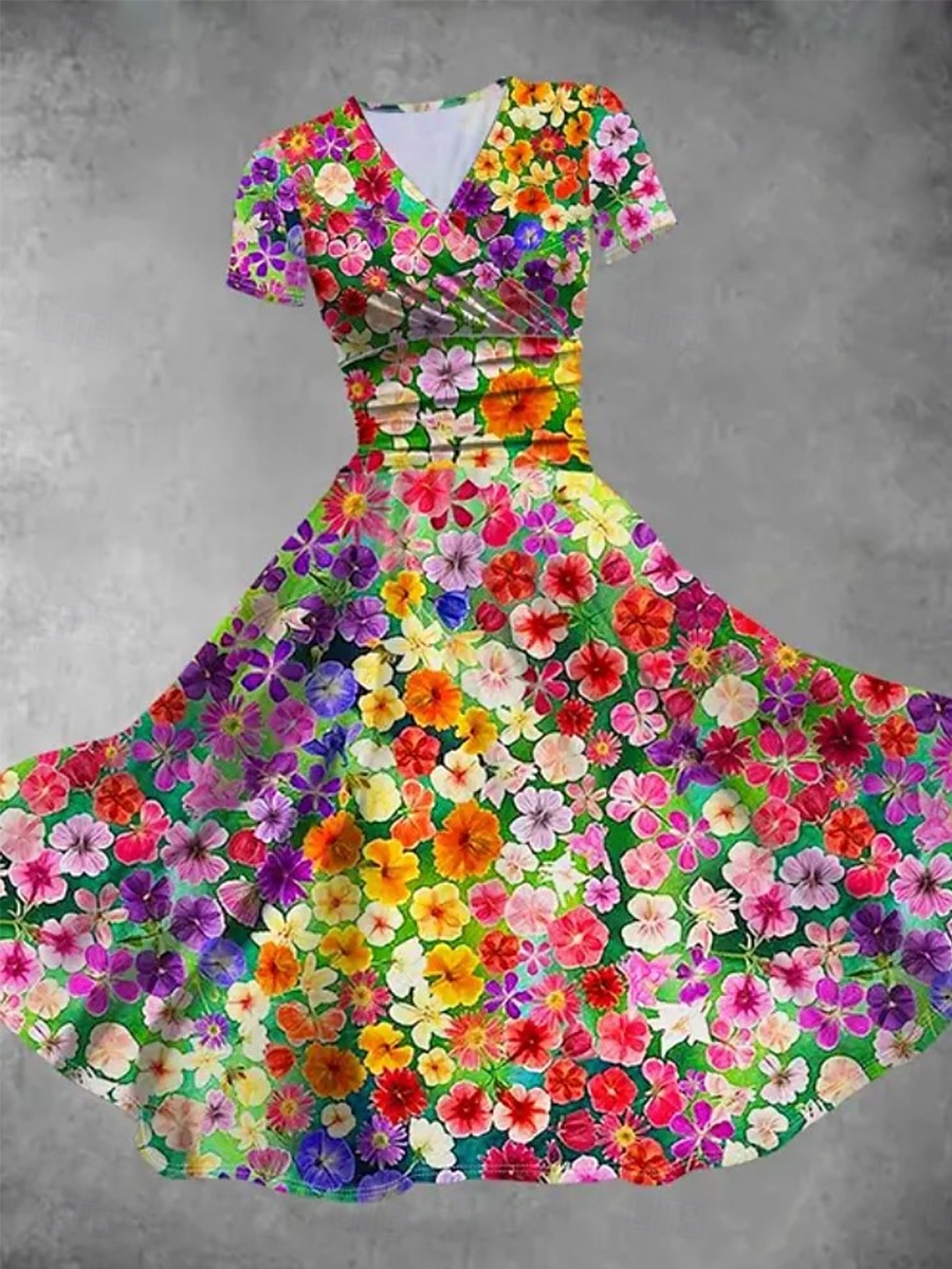 Dam Midiklänning Sommarklänning Fit And Flare Klänning Semester party Ledigt Bröllopsgäst Dagligen Helgdag Normal Blommig Grafisk Kortärmad V-hals Rodnande Rosa Blå Mörkgrön Grön Sommar 2025 - $27.99 –P1