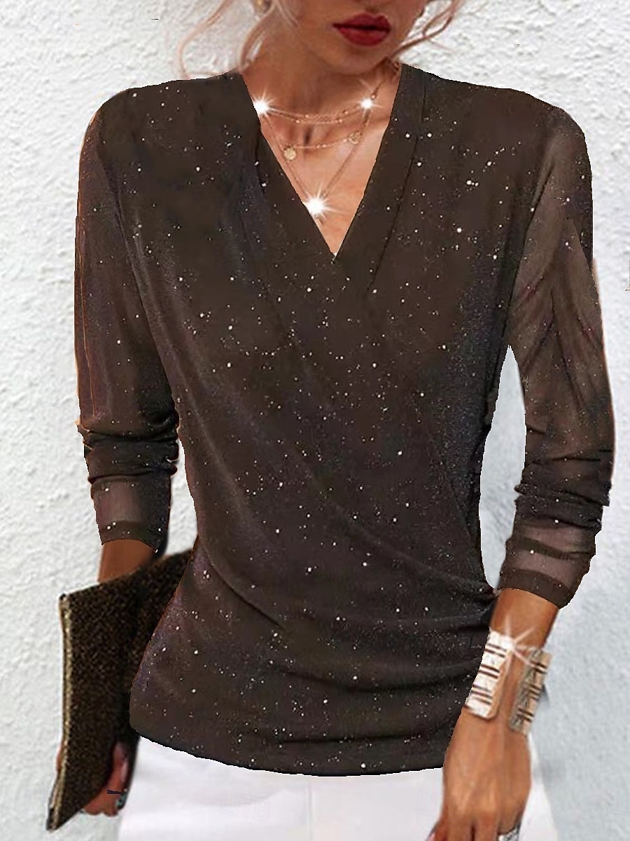 Dames Blouse Effen Kleur Stijlvol Casual Lange mouw V-hals Normale tops Dagelijks Netstof Lapwerk Zwart Rood Kameel Paars Bruin Zomer Lente 2025 - $29.99 –P1
