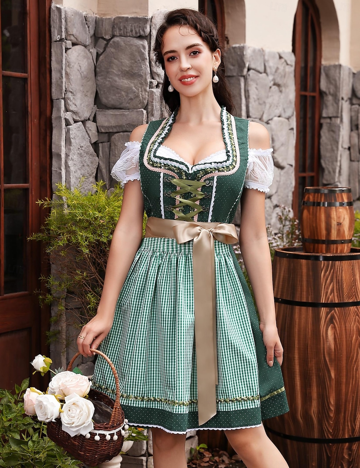 Kvinnens Oktoberfest dirndl kjole snøring satengbånd rutete ølfestival forkle tradisjonell kjole Oktoberfest 2025 - $73.99 –P7