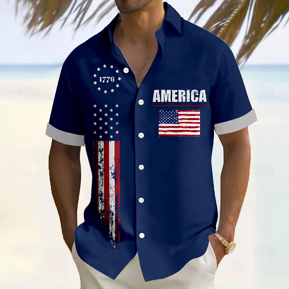 Independence Day Men's American US Flag Patriotic 1776 Shirt Summer Shirt Button Up Shirt Short Sleeve Fashion Casual Outdoor Vacation Dailywear Summer Turndown 3D Print Linen Like Shirt White Red 2025 - AU $39.59 –P4