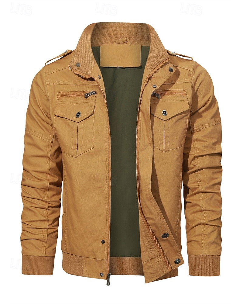 Men's Trucker Jacket Cargo Jacket Casual Jacket Vacation Daily Pocket Spring Fall Plain Fashion Classic Stand Collar Regular Black Khaki Army Green Jacket 2025 - $53.99 –P1