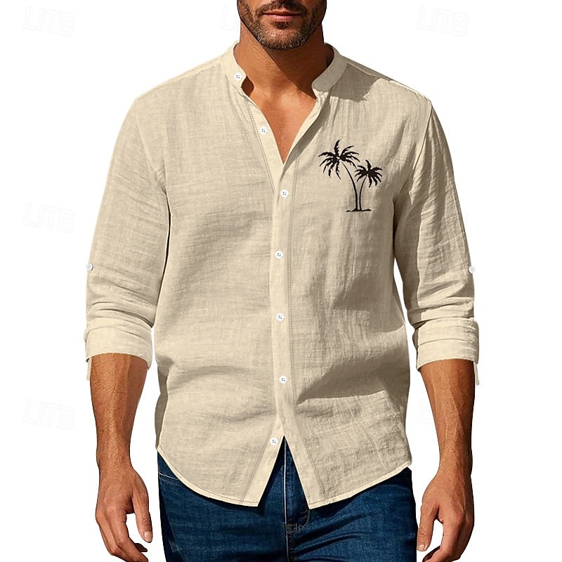 Herren Hemd Leinenhemd Freizeithemd Knopfhemd Baumwollhemd Kokospalme Urlaub Hawaiianisch Schwarz Weiß Khaki Grau Langarm Stehkragen Sommer Frühling Bekleidung Druck 2025 - $26.99 –P8