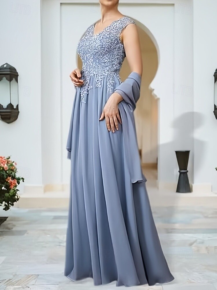 Linea ad A Abiti per invitati a matrimoni Elegante Vestito Ospite di nozze Fidanzamento Lunghezza al pavimento Senza Maniche Scollo a V Chiffon con Applicazioni Scialle 2025 del 2025 a $177.99 –P3