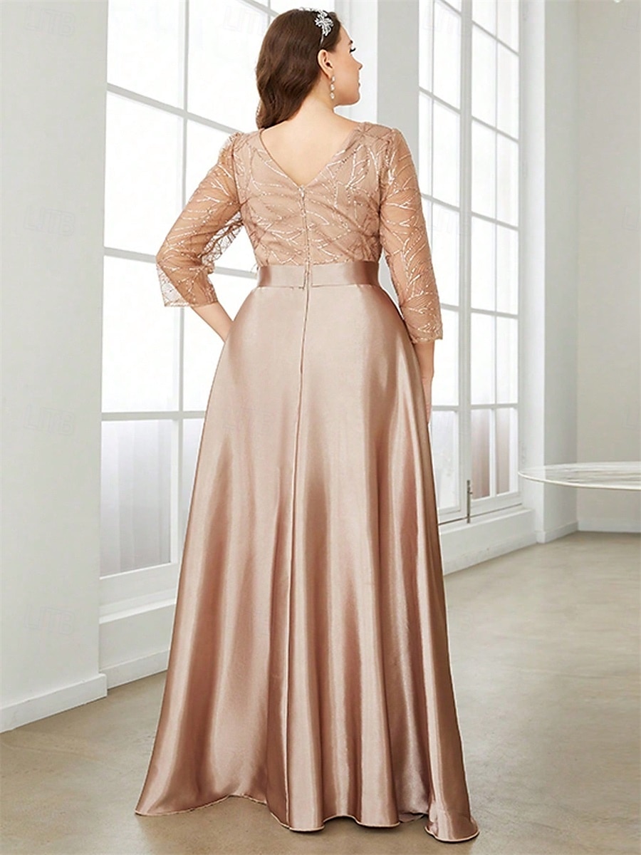A-Line Evening Gown Elegant Dress Formal Wedding Floor Length 3/4 Length Sleeve Crew Neck Satin with Pleats 2025 - $129.99 –P5