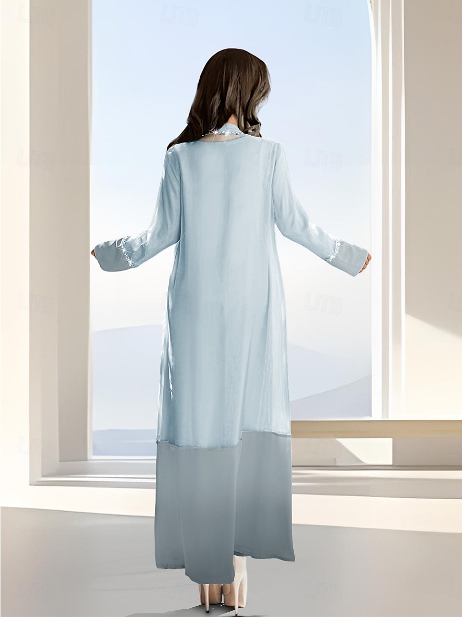 Zweiteilig A-Linie Brautmutterkleid Formell Elegant Einfach luxuriös U-Boot-Ausschnitt Bodenlang Satin Organza Langarm mit Kristalle 2025 2025 - $139.99 –P3