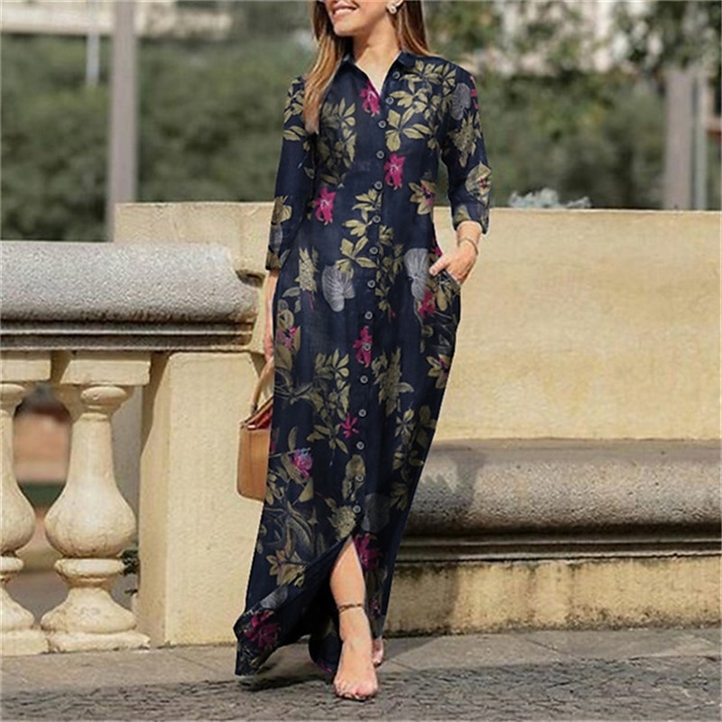 Dámské Dlouhé šaty Maxi šaty Volnočasové šaty Letní šaty Elegantní Módní Moderní Denní Plážové Víkend Běžný Květiny 3/4 délka rukávu Košilový límec Žlutá Fialová Tmavomodrá Léto Jaro 2025 - $25.99 –P4