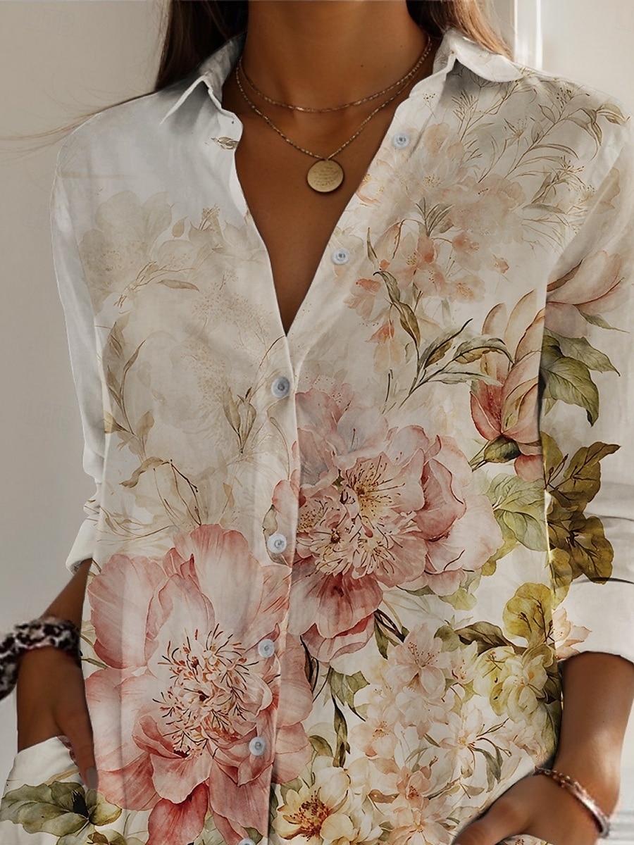 Femmes Chemise Fleuri Actif Quotidien Élégant manche longue Col de chemise Hauts Réguliers Quotidien Fête Boutons Imprimé Kaki Printemps Automne de 2025 ? $25.99 –P2
