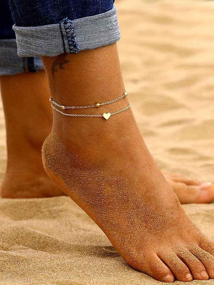 Bracelet de cheville double couche avec pendentif cœur en or pour femme – bijou délicat pour la plage avec chaîne perlée pour les sorties estivales et les vacances de 2026 ? $7.99 –P2