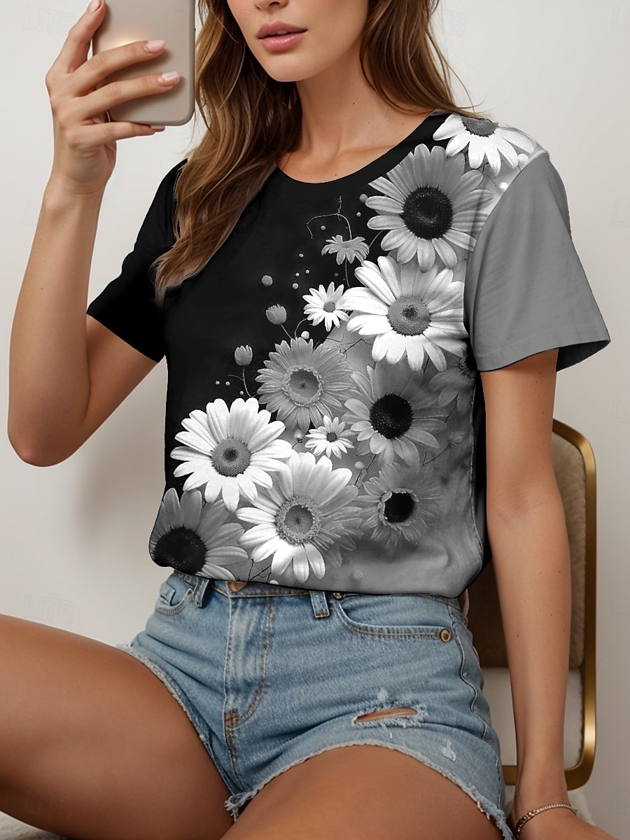 Femmes T-shirt Fleuri Graphique Plantes ancien Élégant Classique Manche Courte Col ras du cou Col rond Hauts Réguliers Quotidien Imprimé Noir et blanc Jaune Bleu Violet Fuchsia Été Printemps de 2025 ? $21.99 –P2