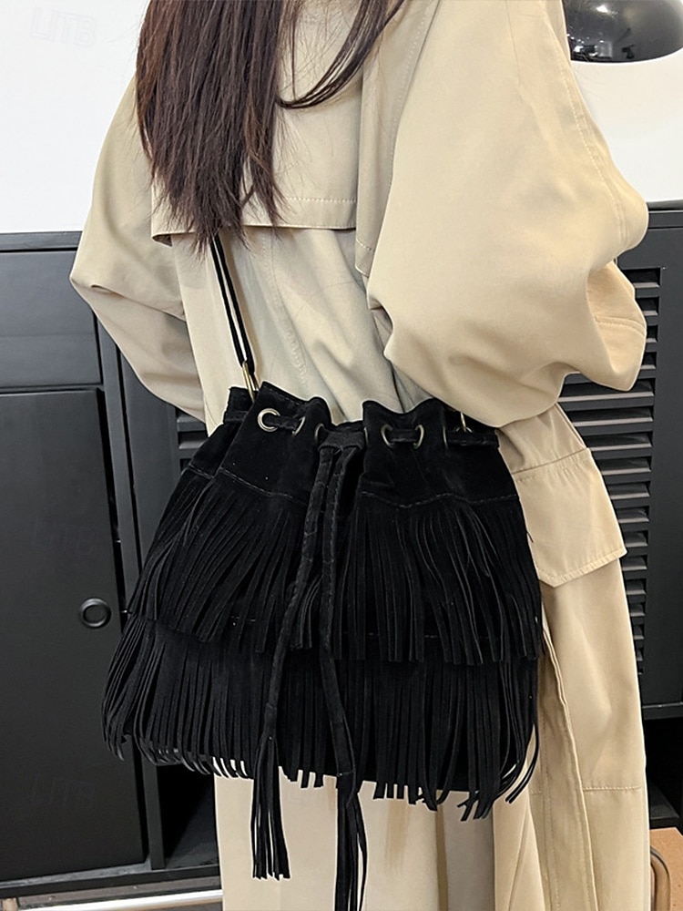 damska torebka typu wiaderko ze sztucznego zamszu z frędzlami – boho torebka typu crossbody ze ściągaczem na niezobowiązujące wyjścia, festiwale i codzienne noszenie 2025 - $18.99 –P2