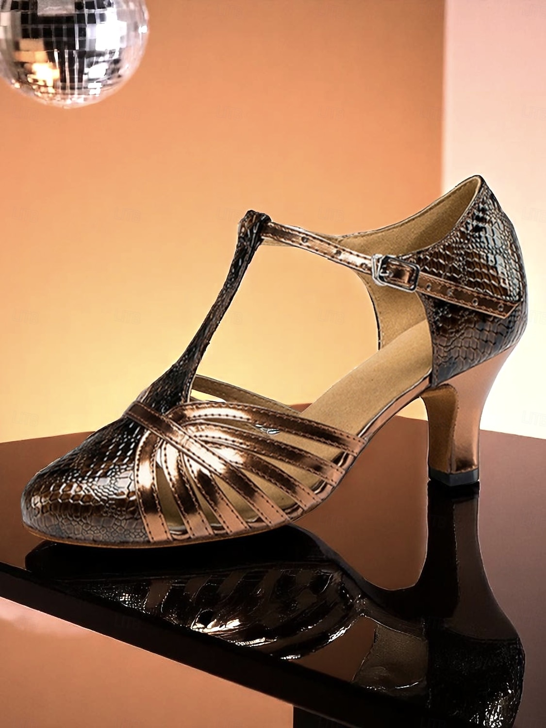 Women's Bronze T-Strap Latin Dance Heels - Shiny Snake Print Professional Ballroom Shoes for Salsa, Rumba, and Performance Events 2025 - $46.99 –P2