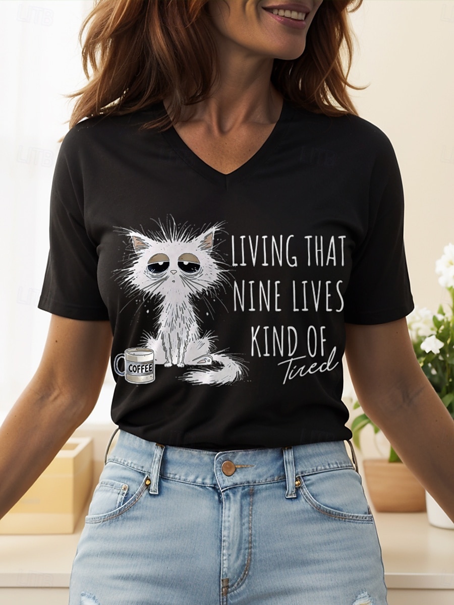Per donna Maglietta Grafico Animale Gatto Vintage Elegante Classico Manica Corta Scollo a V Top Regolari Quotidiano Stampato Nero Bianco Rosa Rosso Blu Estate Primavera del 2025 a $19.99 –P5