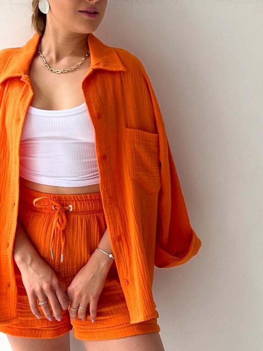 Dames Elegant Modieus Streetwear Katoenen linnen sets Lange mouw Overhemdkraag Effen Kleur Buiten Werk Casual Zwart Paars Oranje Zomer Ruim Passend 2025 - $26.99 –P8