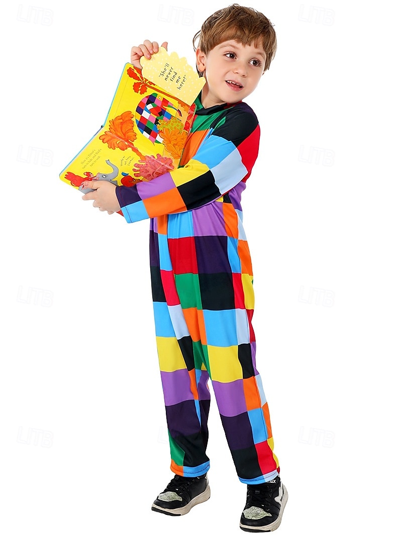 Elmer, patchworkový slon Elmer Kombinéza Kostým Onesie Postavy z pohádek Filmové kostýmy for Chlapecké Dívčí Dětské předvečer Všech svatých Karneval Světový den knihy Výkon Vzdělávací převlékání 2025 - $39.99 –P5