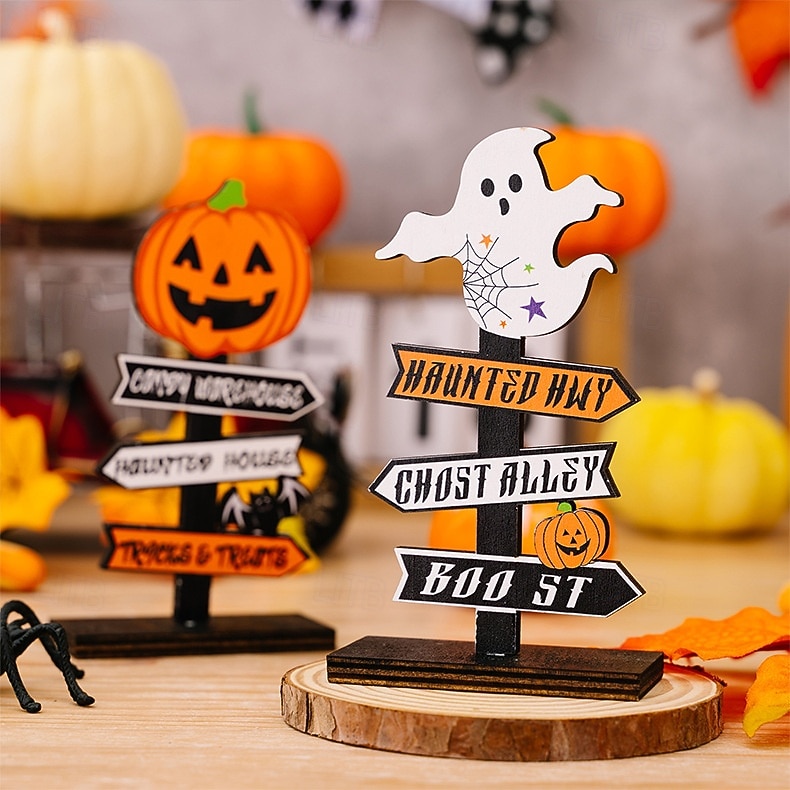 2025年 ハロウィーンの木製卓上装飾2個、木とゴーストが付いたカボチャの文字サイン、ハロウィーンパーティーのディスプレイ用の不気味なスタンディングデコレーション  コレクション – $9.99 –P2