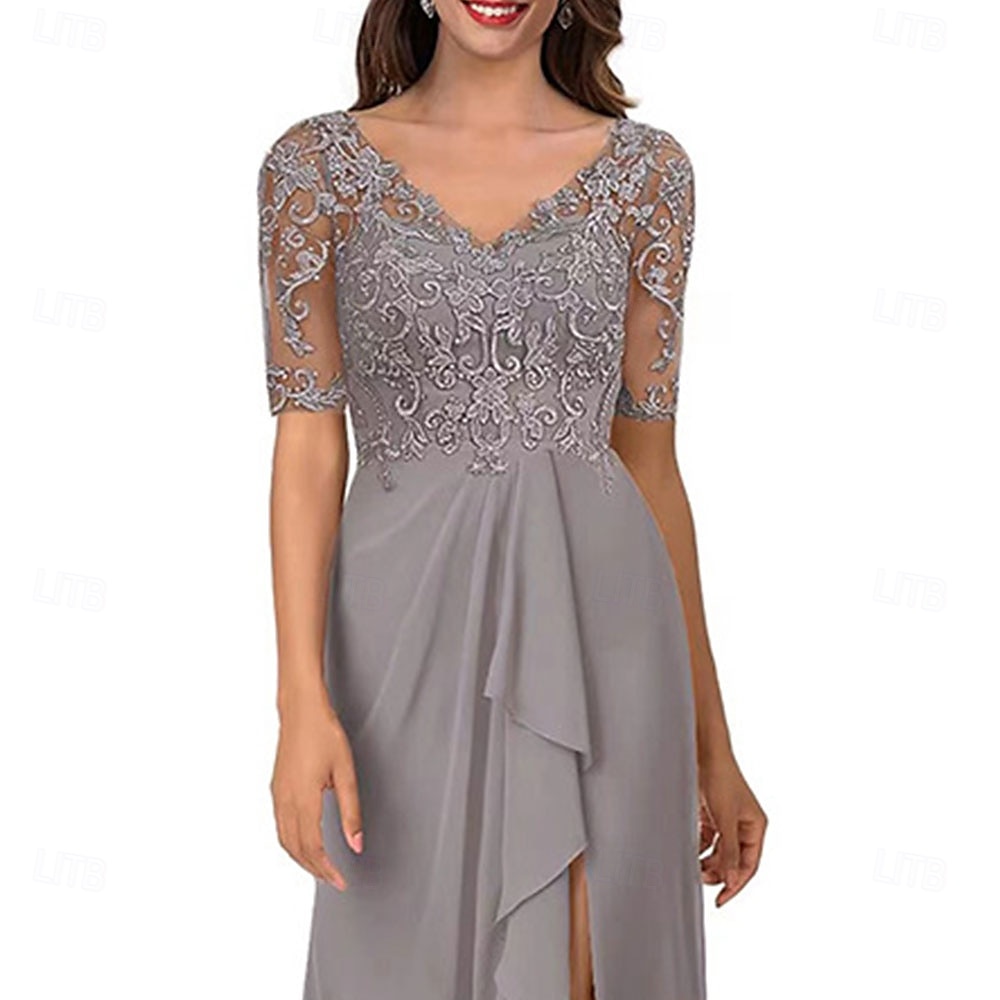 A-Line Mother of the Bride Dress Elegant Simple V Neck Asymmetrical Chiffon Short Sleeve with Pleats 2025 2025 - $119.99 –P3