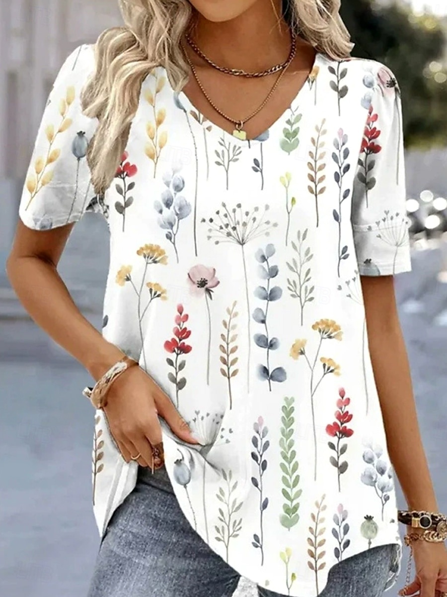 Femmes T-shirt Fleuri Graphique Plantes ancien Mode Hawaïen Manche Courte Col en V Hauts Réguliers Quotidien Sortir Week-end Imprimé Vert Claire Rose Claire Bleu clair Été Printemps de 2025 ? $19.99 –P2