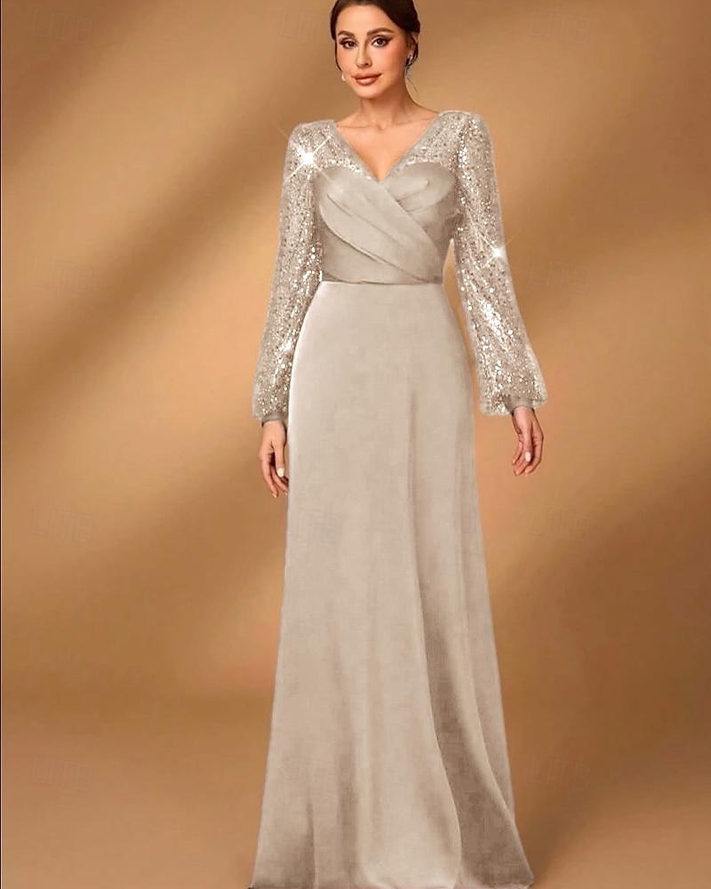A-Line Mother of the Bride Dress Elegant Simple Minimalist V Neck Floor Length Satin Sequined Long Sleeve with Pleats 2025 - $145.99 –P8