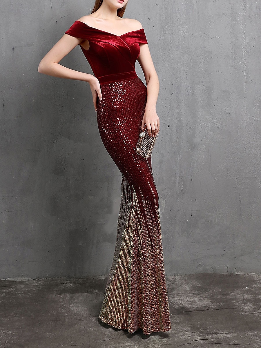 Mermaid / Trumpet Evening Gown Elegant Dress Formal Wedding Floor Length Short Sleeve Off Shoulder Velvet with Beading 2025 - $129.99 –P3