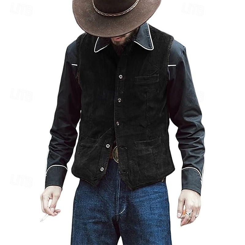 Homme Gilet en velours côtelé Gilet Extérieur Quotidien ancien Printemps Automne Avec Poches Boutons Nylon Confortable Uni Droit 1 bouton Col en V Coupe régulière Noir bleu marine Marron Vert Gilet de 2025 ? $31.99 –P4