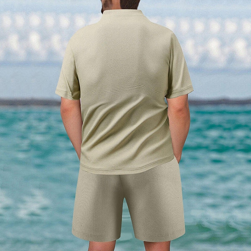 Men's Waffle Shirt T-shirt Suits 2 Pieces Outfits Tee & Shorts Short Sleeve Quarter Zip Summer Plain Fashion Casual 2 Piece Vacation Daily Wear Going out Black khaki Gray Top Tee for Men 2025 - $38.99 –P2