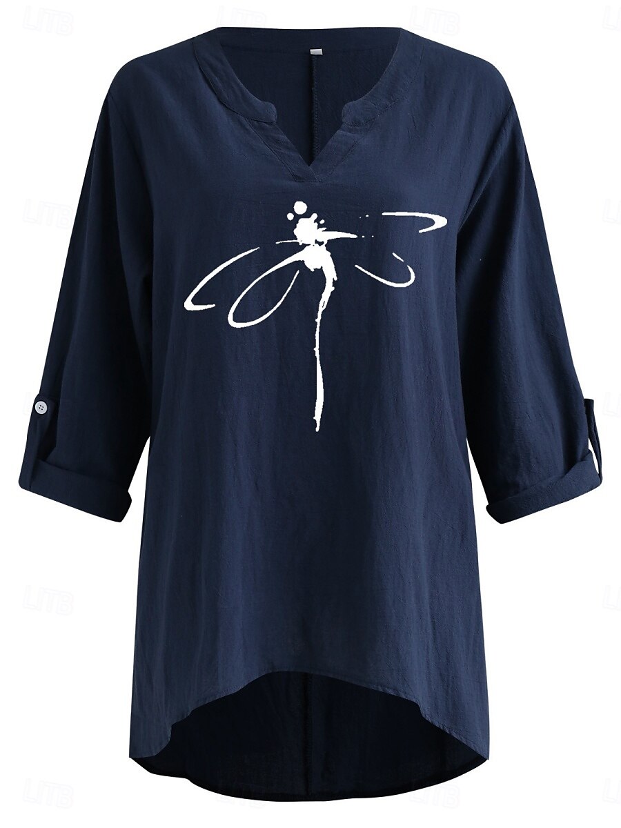 Women's Cotton Linen Shirts Dragonfly Basic Casual Long Sleeve V Neck Regular Tops Daily Print Black Navy Blue Sky Blue Summer Fall 2025 - $29.99 –P3