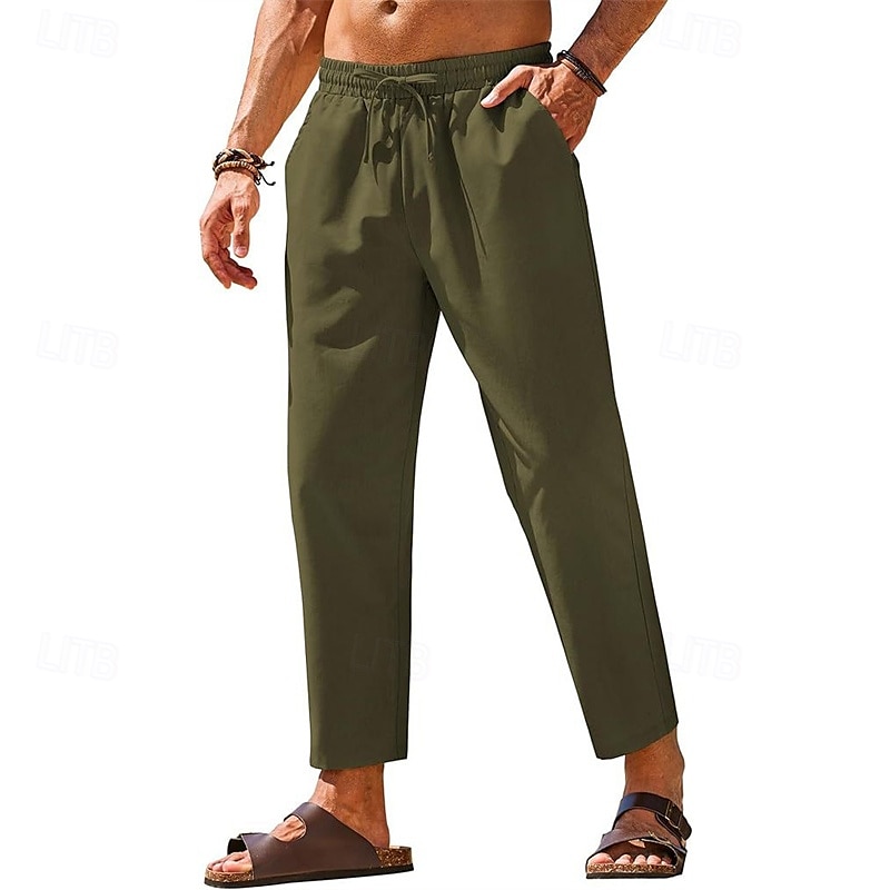 Herr Linne Byxor Långbyxor Sommarbyxor Strandbyxor Ficka Elastisk midja Snörning Slät Komfort Andningsfunktion Semester Dagligen Helgdag Hawaiisk Boho Mörkbrun Svart 2025 - $18.99 –P8