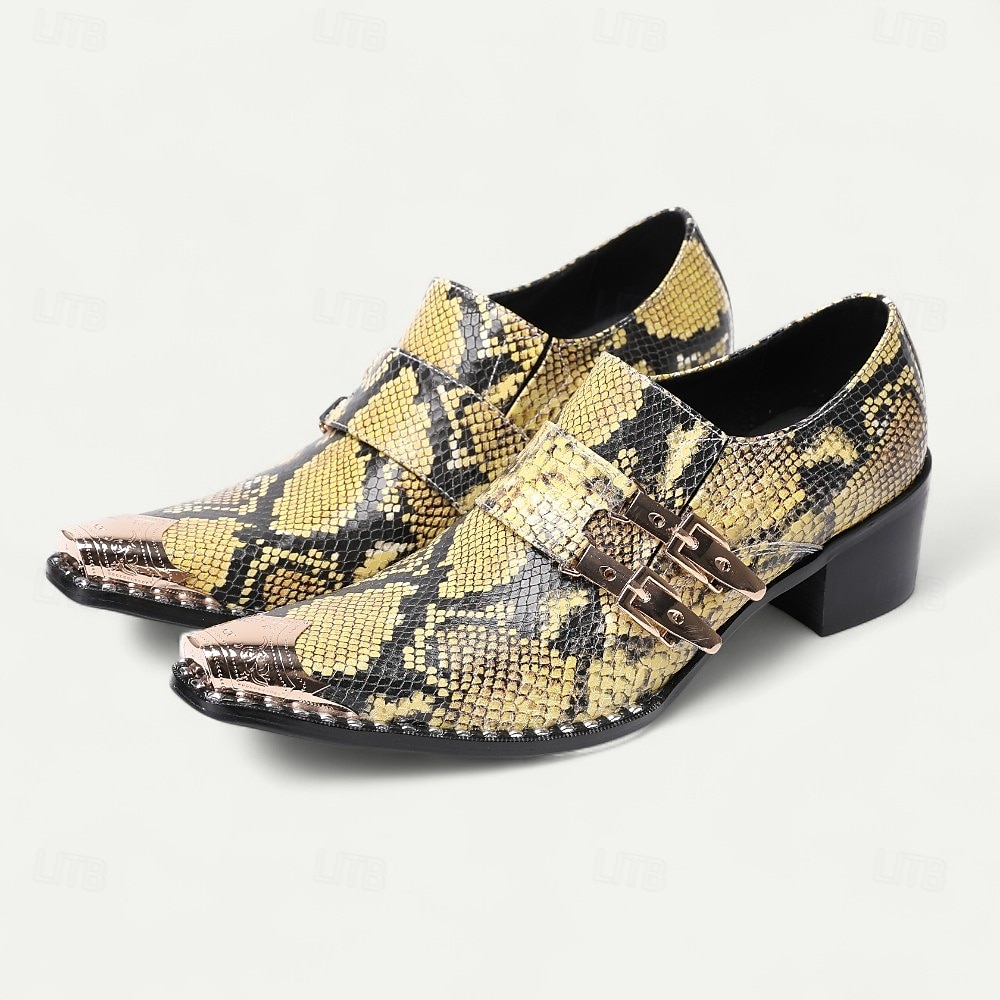 Chaussures habillées en cuir imprimé peau de serpent pour hommes – mocassins formels en cuir de vachette de qualité supérieure avec doubles boucles métalliques, bout pointu et clous pour les banquets en soirée, les galas de mode et les soirées masquées de 2025 ? $119.99 –P1