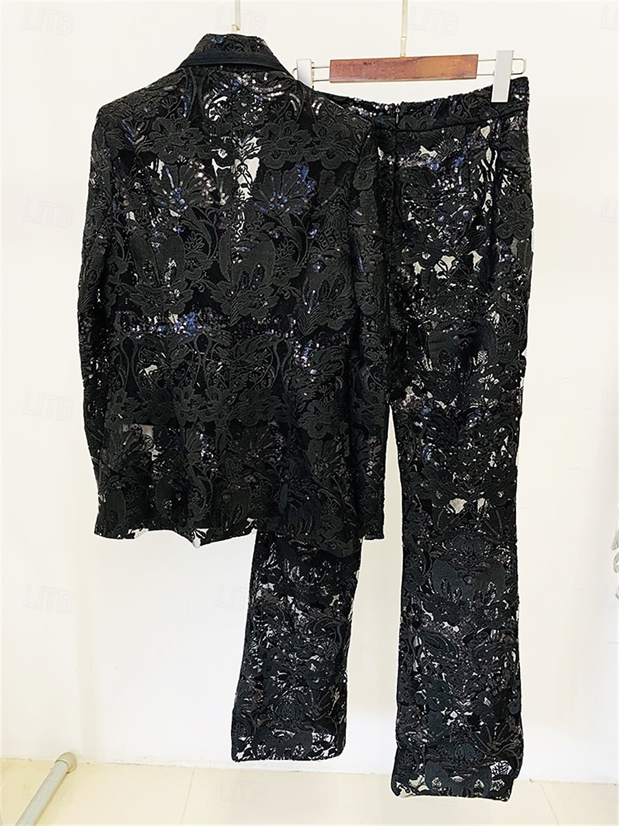 Conjunto de Calças Vestido da Mãe da Noiva Vestido Elegante Colarinho de Camisa Comprimento do Tornozelo Renda Mangas Longas com Cor Sólida de 2025 por $149.99 –P12