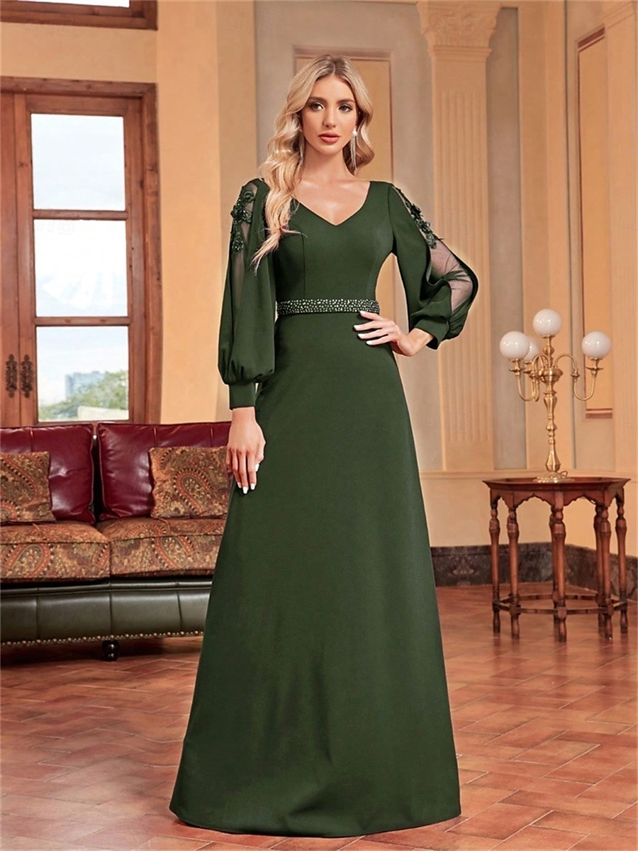 Abiti Quinceanera A-Line abito elegante formale da sposa lungo manica lunga scollatura a V in satin con perline del 2025 a $99.99 –P16
