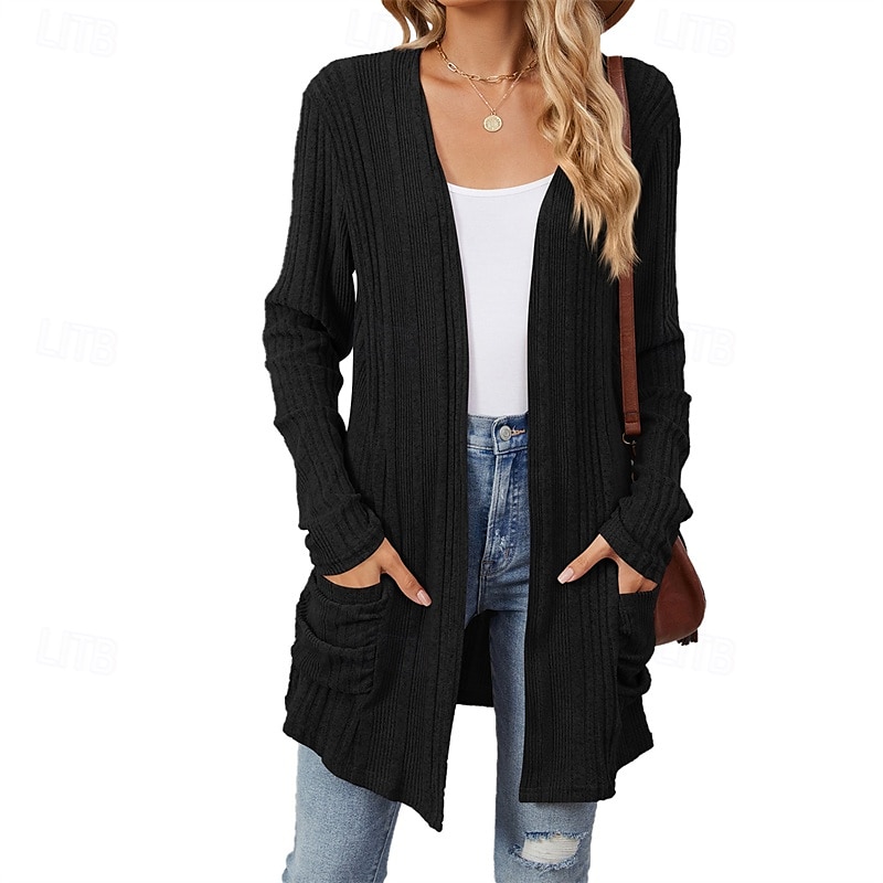 Dam Kappa Håller värmen Bekväm Ficka Mode Utomhus Slät Utekväll Helgen Cardigan Normal Kraglös Normal Långärmad Ytterkläder Svart Vin Marinblå Höst Vinter 2025 - $24.99 –P3