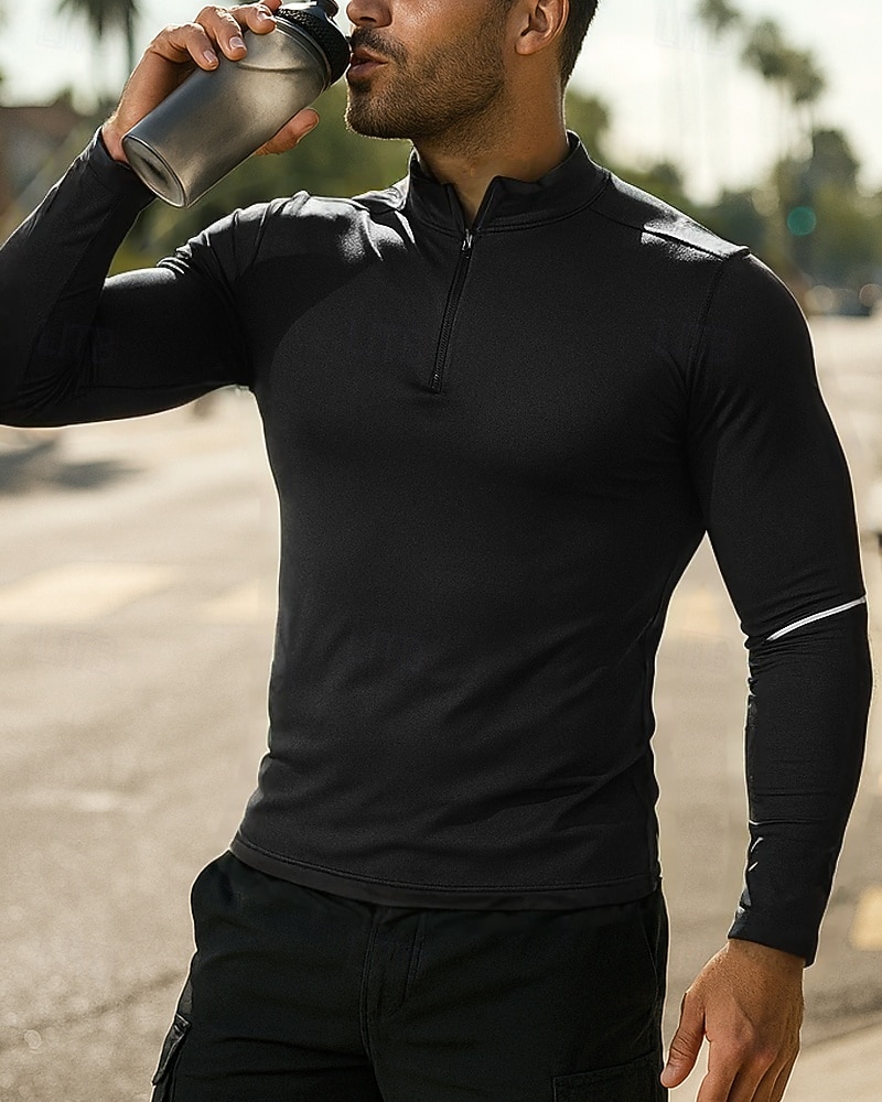 2025年 男性用 ランニングトップ ランニングTシャツ クォータージップ 長袖 Tシャツ ソリッド 速乾性 ライトウェイト 高通気性 テニス ゴルフ ランニング スポーツウェア アクティブウェア ダークグレー ブラック ホワイト  コレクション – $25.99 –P7