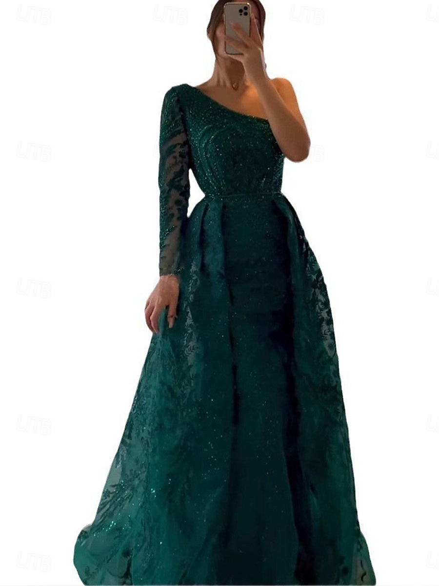 A-Linie Abendkleid Elegant Kleid Formell Hochzeit Bodenlang Langarm Ein-Schulter Spitze mit Paillette 2025 2025 - $139.99 –P6