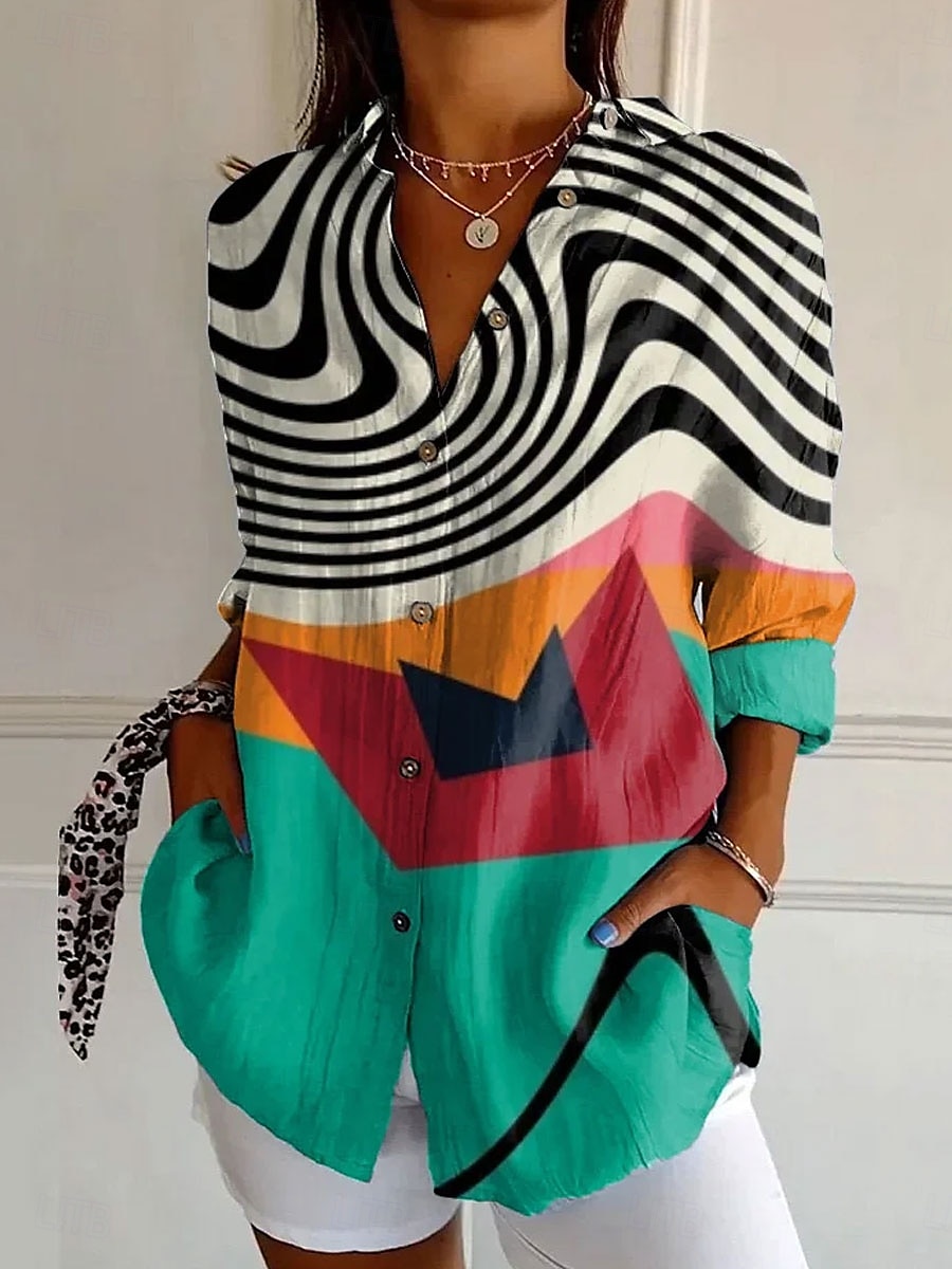Women's Shirt Floral Graphic Geometric Daily Stylish Modern Long Sleeve Shirt Collar Regular Tops Work Daily Buttons Print White Pink Blue Orange Green Summer Spring 2025 - $32.99 –P5