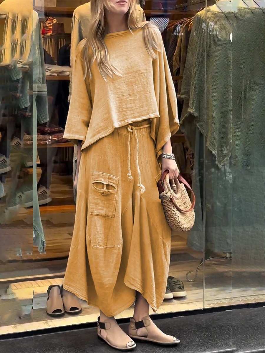 Femmes Élégant Mode Basique Ensembles de Pantalons manche longue Col rond Couleur Unie Extérieur Travail Occasionnel Noir Blanche Jaune Été Coupe régulière de 2025 ? $47.99 –P10