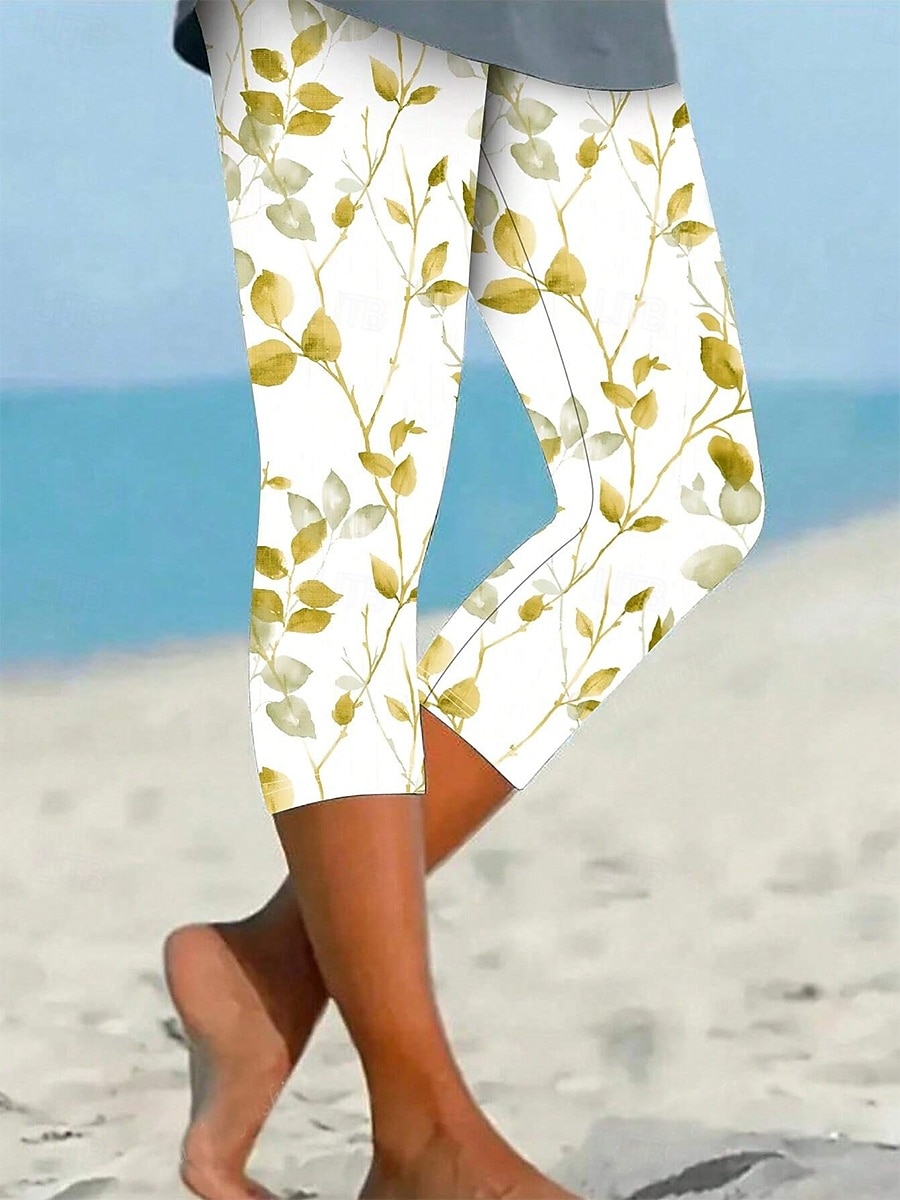 Women's Leggings Vacation Vintage Basic Calf-Length High Waist Graphic Leaf Breathable Quick Dry Soft Stretchy Casual Daily Holiday Robin's Egg Blue Yellow Red Green Summer Spring Slim Fit 2025 - $18.99 –P7