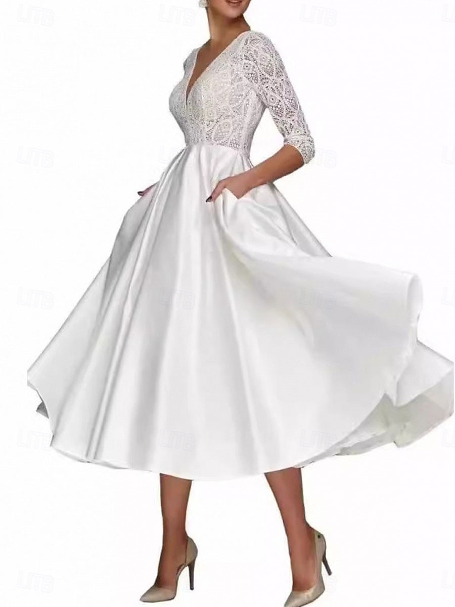 A-Linie Brautmutterkleid Elegant Einfach V Ausschnitt Tee-Länge Polyester Dreiviertelarm mit Einfarbig 2025 2025 - $119.99 –P4
