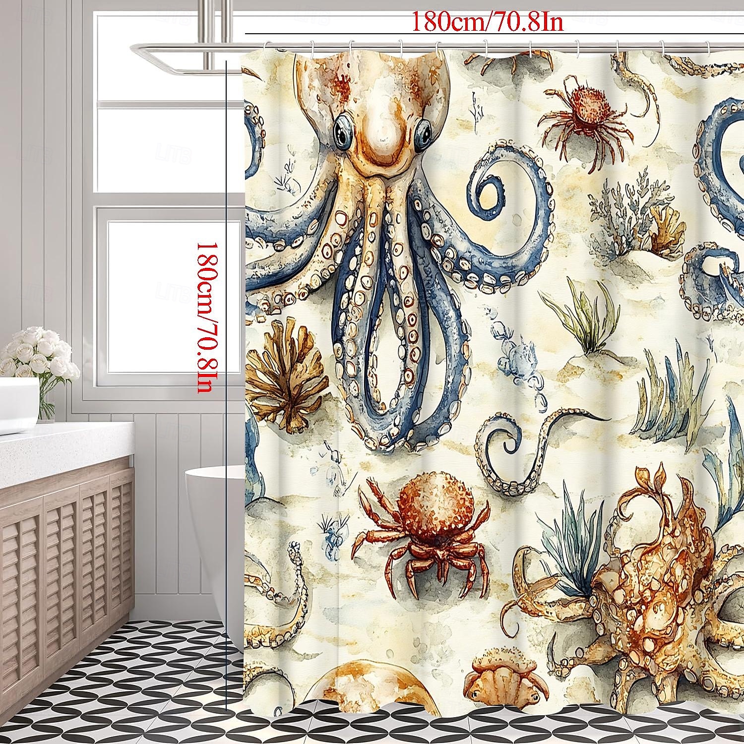 Cortina de ducha con diseño de tortuga marina y ganchos para baño, juego de decoración de baño de poliéster impermeable, paquete de 12 ganchos de plástico 2026 - $21.99 –P3