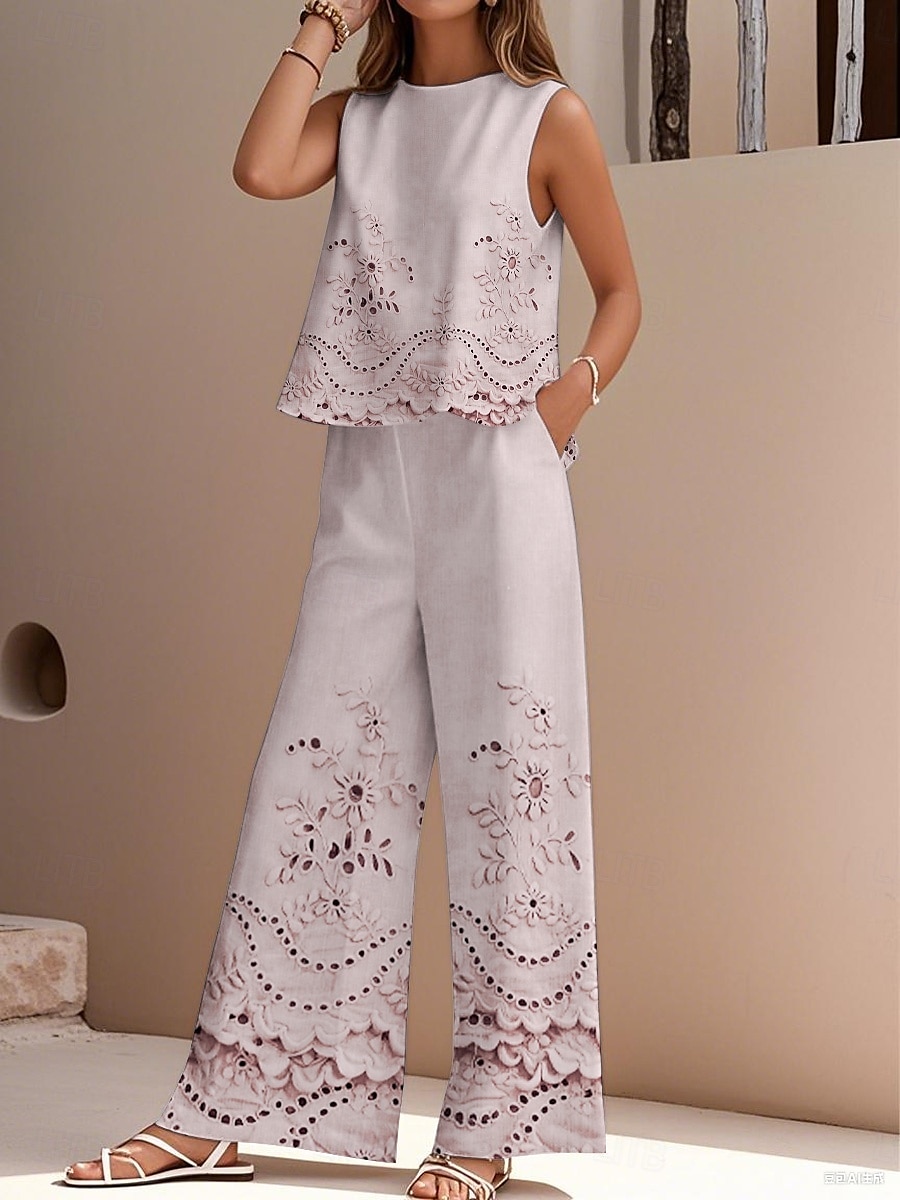 Γυναικεία Σετ παντελονιών Λινό από ψεύτικο βαμβάκι Αμάνικο Στρογγυλή Ψηλή Λαιμόκοψη Φλοράλ Στάμπα Ενεργό Μοντέρνα Καθημερινά Διακοπές Αργίες Ανθισμένο Ροζ Θαλασσί Καλοκαίρι Κανονικό 2026 - $42.99 –P3
