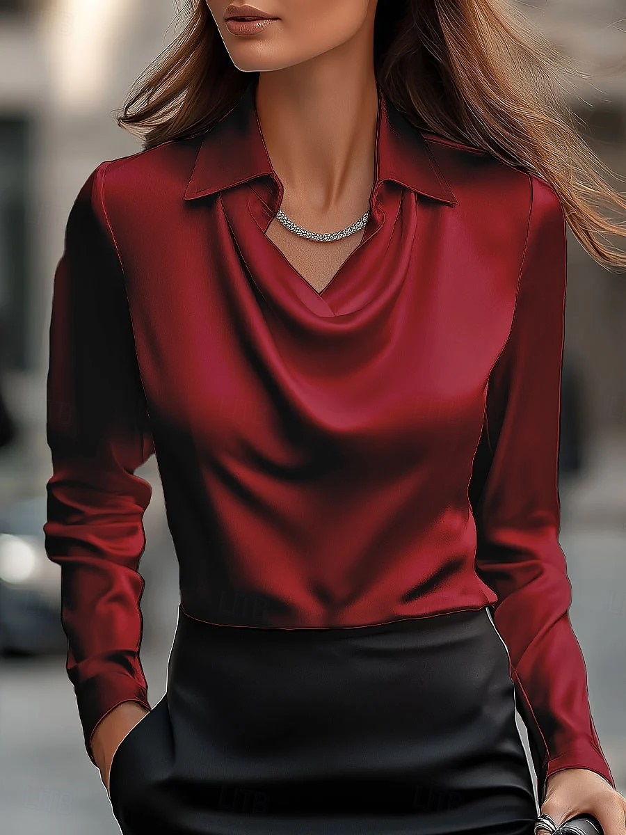 Women's Blouse Solid Color Elegant Long Sleeve Cowl Neck Regular Tops Daily Ruched Draped White Pink Wine Blue Purple Fall 2025 - $21.99 –P5