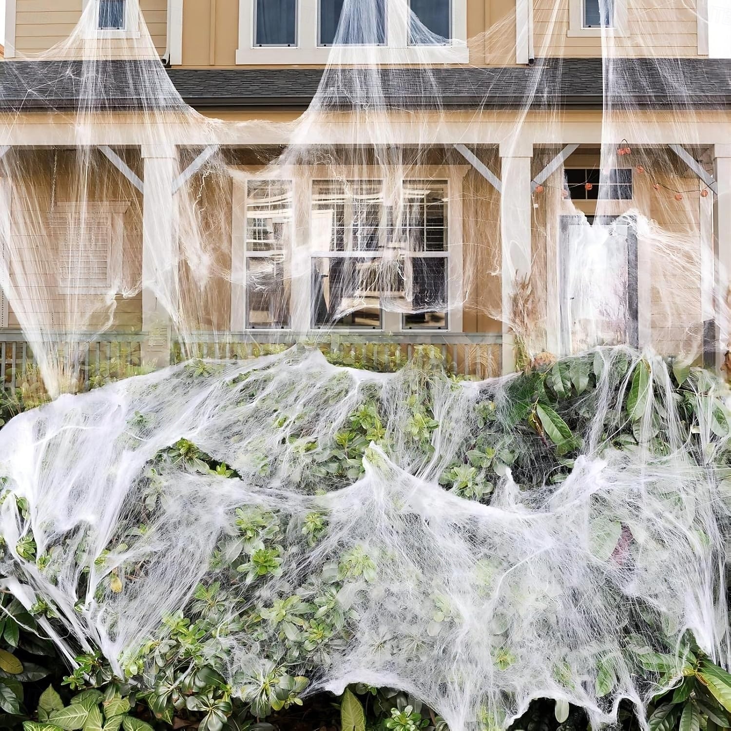 Halloweenské dekorace s pavučinami o rozloze 1200 čtverečních stop, bonus se 100 umělými pavouky, venkovní zahradní halloweenské dekorace, roztažitelné, DIY pavučiny, strašidelná atmosféra 2026 - $15.99 –P1