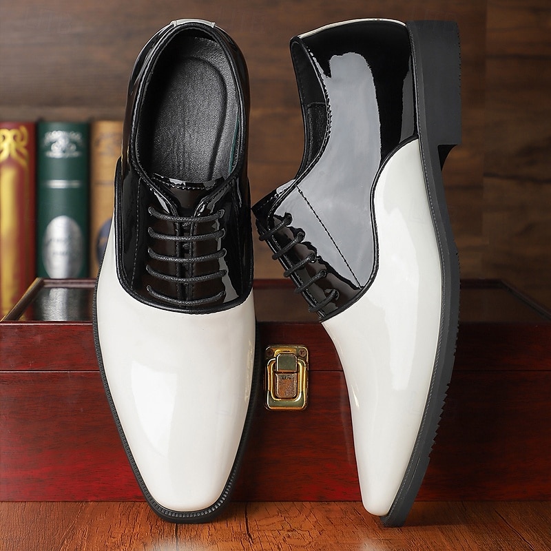 scarpe oxford da uomo in vernice bianca e nera – classiche scarpe formali con lacci per matrimoni, serate di gala ed eventi serali del 2025 a $42.99 –P3