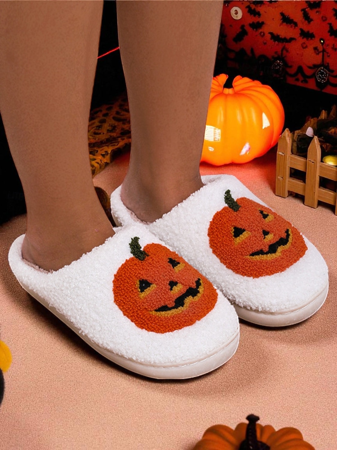 Women's Halloween Pumpkin Face Slippers - Cozy Orange Plush Indoor Shoes with Jack-O'-Lantern Design for Fall Nights,Costume Parties & Gifts 2025 - $14.99 –P10