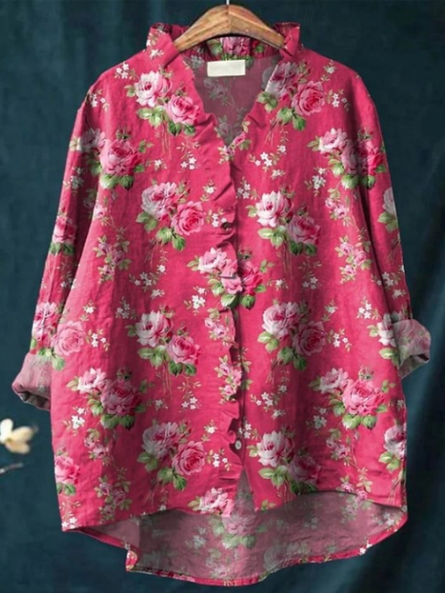 Femmes Chemise Fleuri Élégant Occasionnel manche longue Col en V Hauts Réguliers Quotidien Boutons Imprimé Rose Claire Rouge Bleu Fuchsia Vert Été Printemps de 2025 ? $25.99 –P2