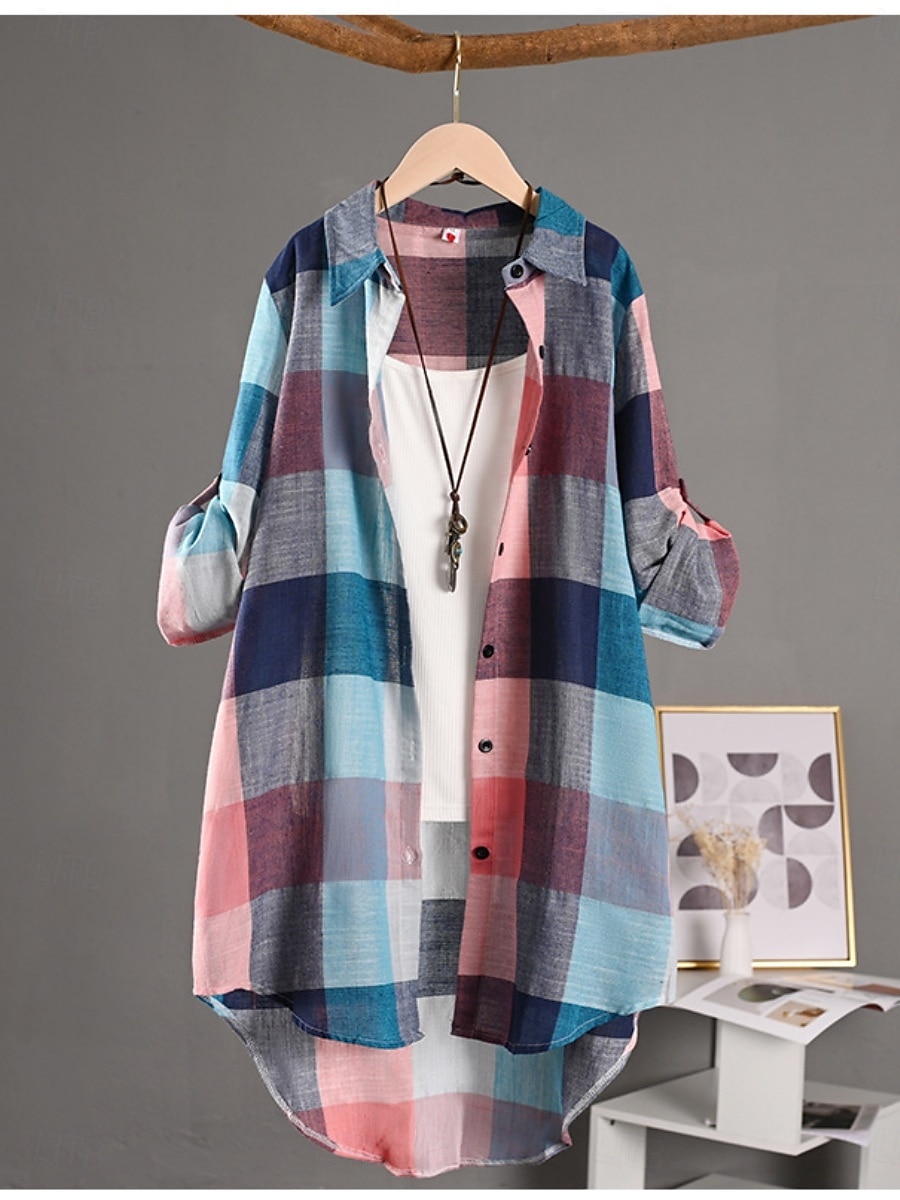 Damskie Szałat Wygodny Oddychający Guziki Nadruk Codzienny Kratka Urlop Ulica Codzienny Dzienne zużycie Guziki jednorzędowe Długie Wieczorne Regularny Długi rękaw Odzież wierzchnia Czarny i biały 2025 - $22.99 –P2