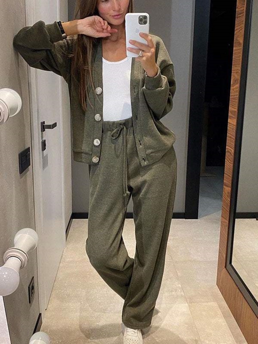 Women's Fashion Streetwear Daily Pants Sets Long Sleeve V Neck Plain Casual Daily Black Army Green Blue Fall Regular Fit 2025 - $34.99 –P9