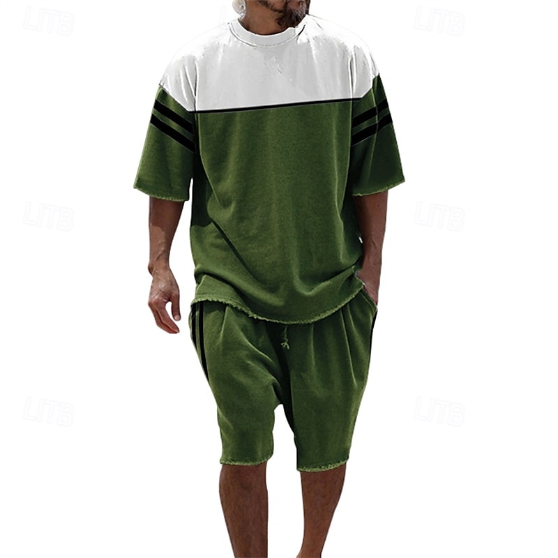 Voor heren T-shirt past 2 stuks outfits T-shirt en korte broek Korte mouw Strakke ronde hals Zomer Kleurenblok Modieus Casual 2-stuks Vakantie Alledaagse kleding Uitgaan Zwart Blauw Groen Top T-shirt 2025 - $26.99 –P5