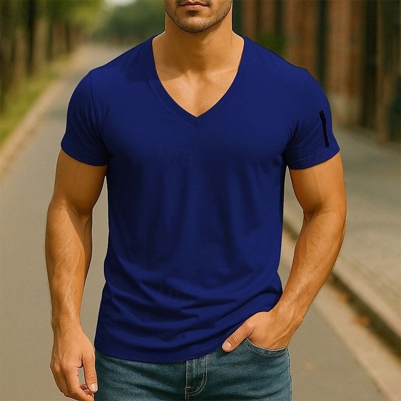 Homme T-shirt Chemise à manches courtes Manche Courte Col en V Été Uni Mode Designer Basique Fermeture éclair Vacances Rue Sortir Noir Blanche Rose Claire T-shirt haut de gamme pour homme de 2025 ? $9.49 –P1