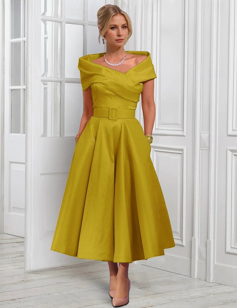 A-Line Cocktail Dresses Elegant Dress Formal Wedding Tea Length Midi Length Sleeveless Adjustable Cover Buttons Off Shoulder Satin with Pleats 2025 - $128.99 –P4